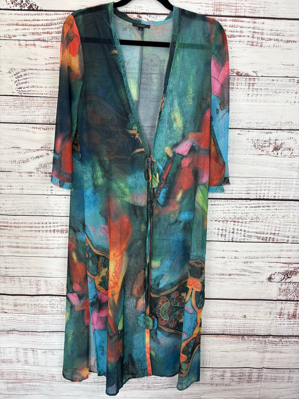 Floryday Teal Abstract Art Duster Sheer Beach Swim Cover Up Boho Flowy Womens S